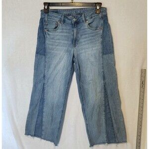 American Eagle Women's 8 Short Low Rise Baggy Wide Leg Jeans Bi-color Raw Hem